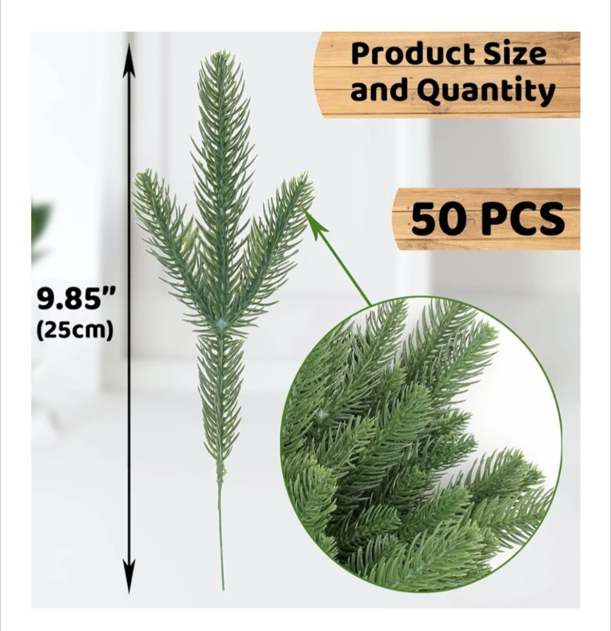 50 Pcs Artificial Pine Branches 10″ Green Needles DIY Christmas Wreath Garland