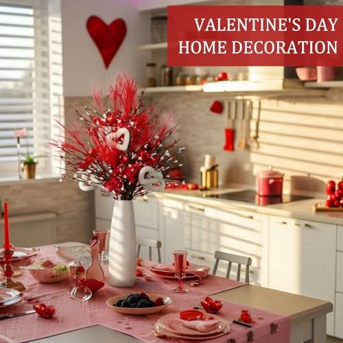 6 Pcs Valentine’s Day Heart Shaped Berry Feather Picks 19.7 Inch Artificial