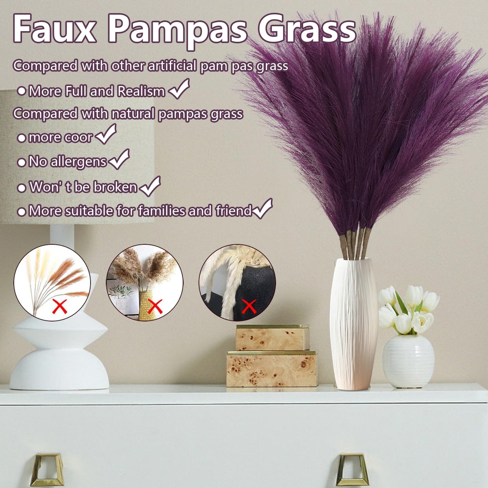 Purple Pampas Grass Decor Tall-Faux PampasGrass Small 30″-5 Stems Dried Pampa…