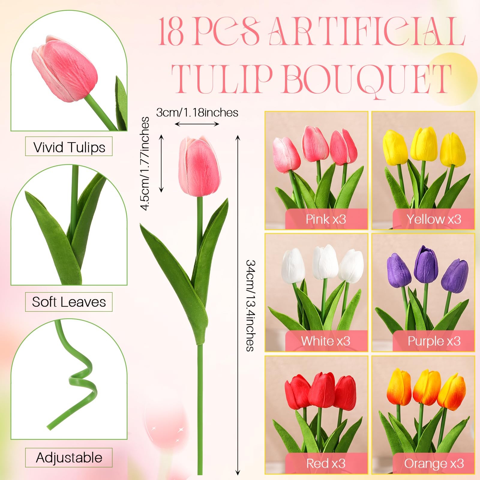 19 PCS Spring Easter Centerpieces 18 Artificial Tulip Bouquet 1 Metal Pot Vase