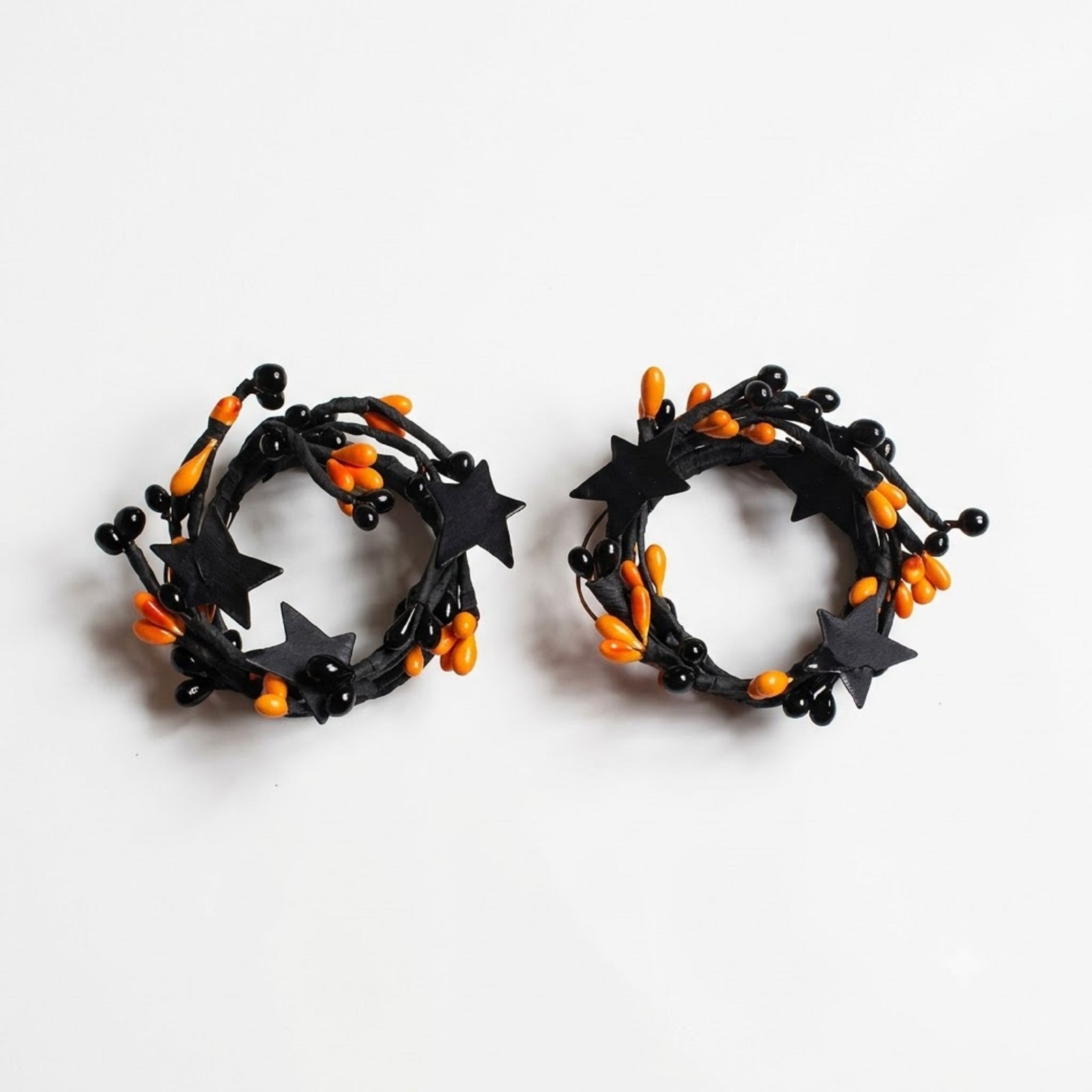 2 Country Primitive Spooky Pip Berry Taper Candle Ring Black and Orange w Stars