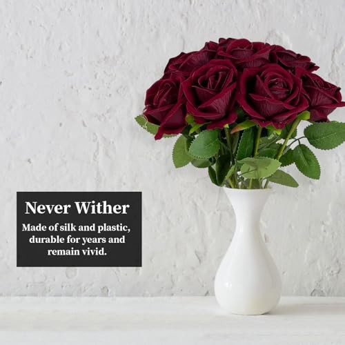 10 PCS Artificial Roses with Long Stems Silk Flowers Realistic Foam Wine Red