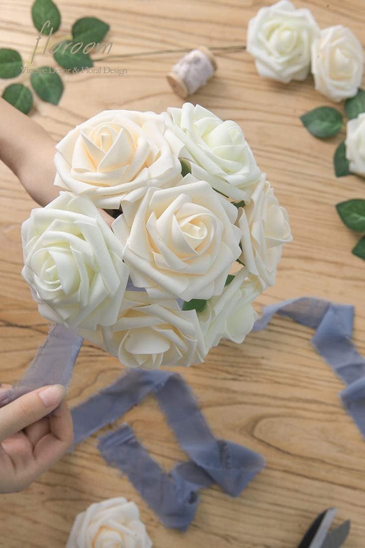 Realistic 25pcs Ivory Foam Roses with 8 Leaves for Stunning Floral Arrangements