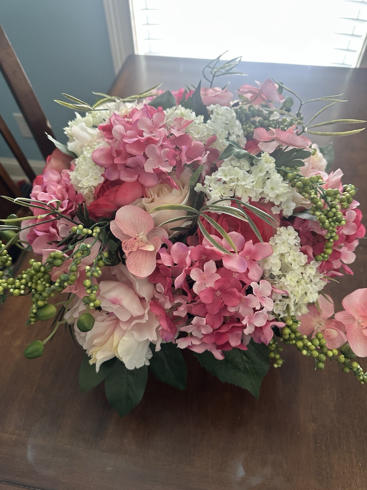 Artificial Pink White & Green Hydrangea Rose Flower Arrangement Centerpiece