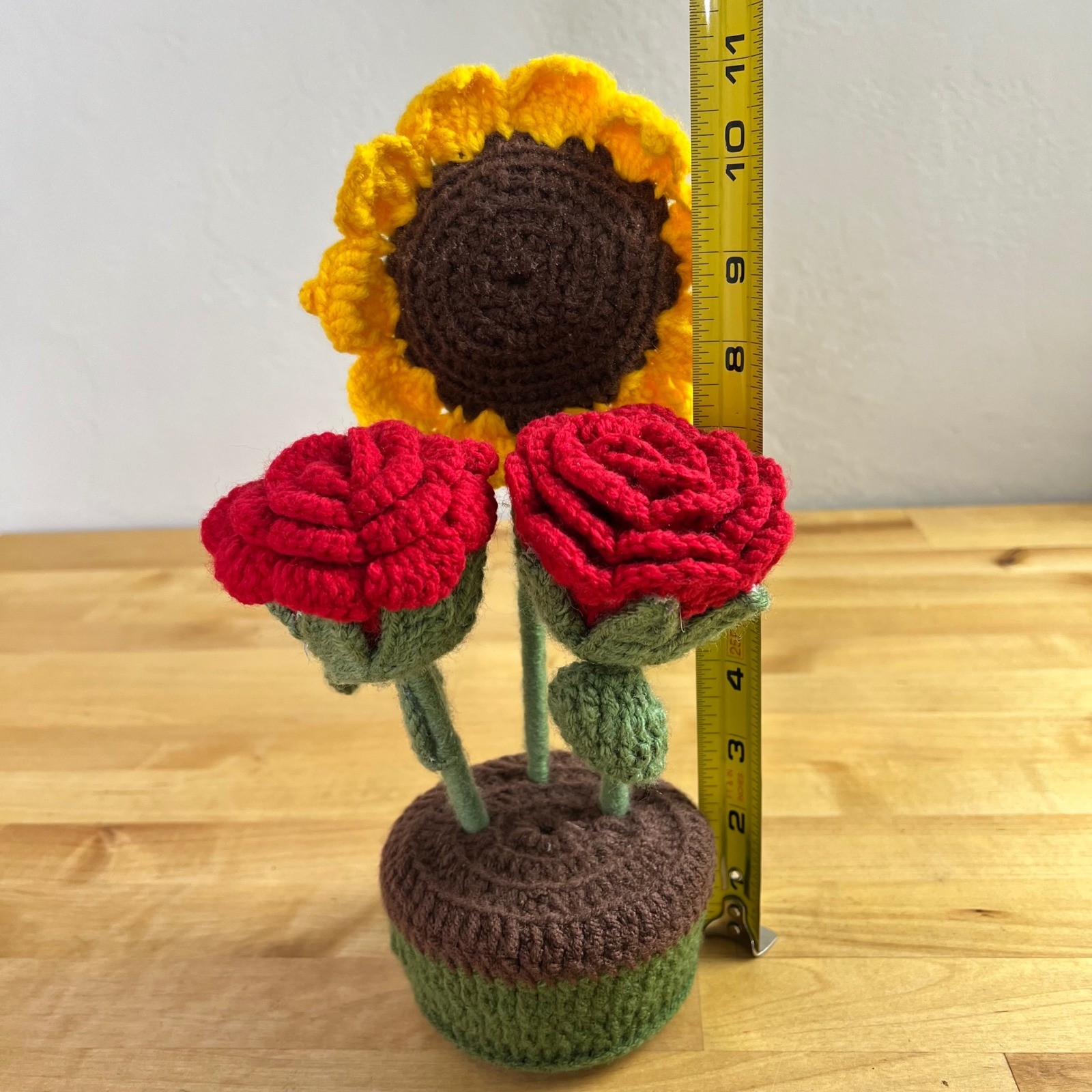 Handmade Crochet Sunflower and Red Roses Potted Plant Decor Floral Cottagecore
