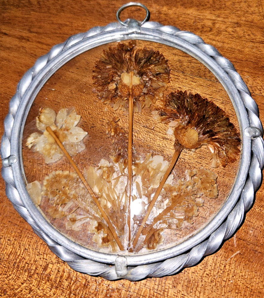 Vintage Lasting Impressions Real Dried Pressed Flowers In Glass Pewter Frame