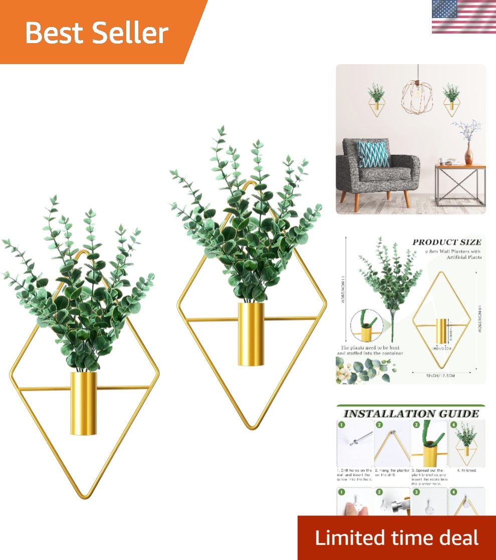Elegant Gold Wall Planters – 2 Piece Geometric Planter Set with Eucalyptus Decor