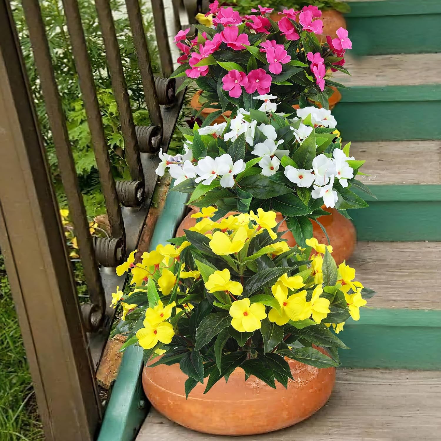 2 Pcs Artificial Impatiens Flowers for Outdoors Faux Impatiens Bushes Yellow