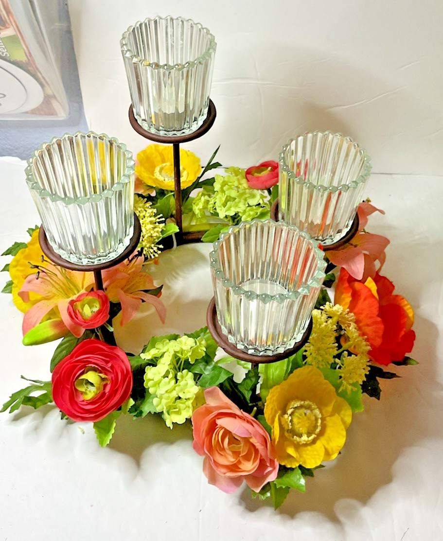Avon Floral Lighted Centerpiece 12” Rnd Metal Glass Votive Holders NIB EasyShip