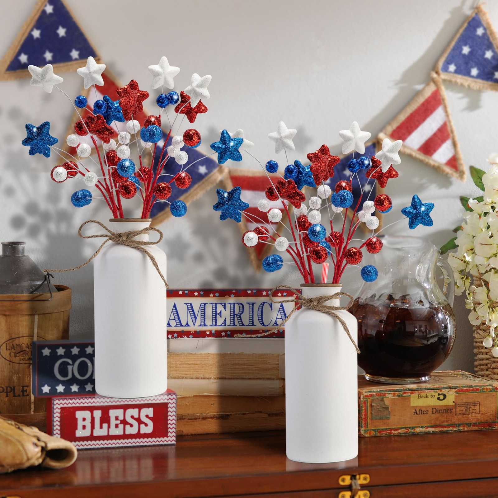 4 Pack 15″ Large Patriotic Glitter Ball Centerpiece Stems, Independence Day A…