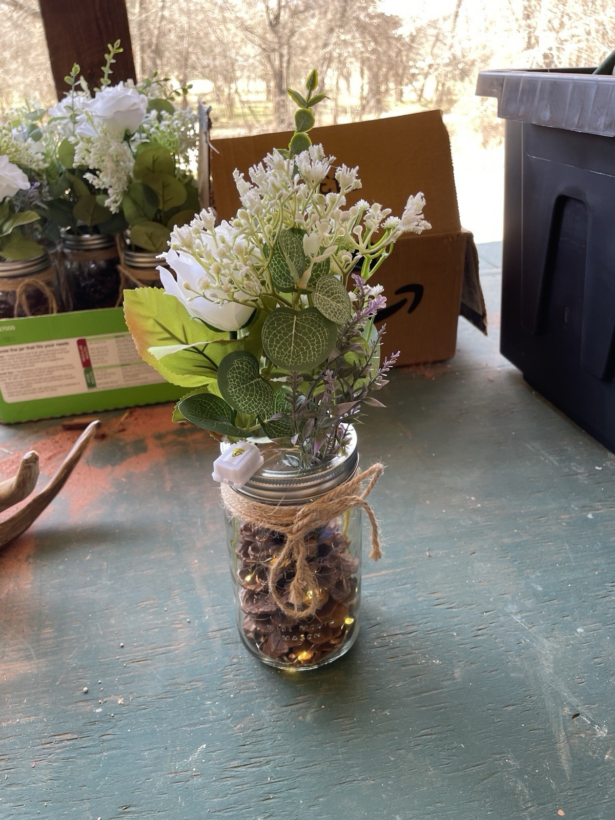 Artificial White Rose Mason Jar Centerpiece w/ Greenery Pinecones