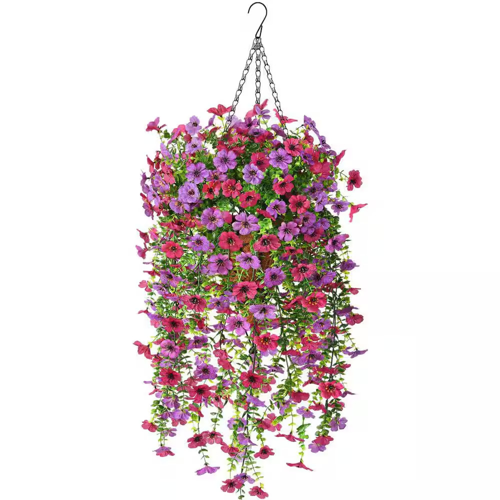 22In. Purple Outdoor Artificial Hanging Daisy Flower Basket with Eucalyptus Leav