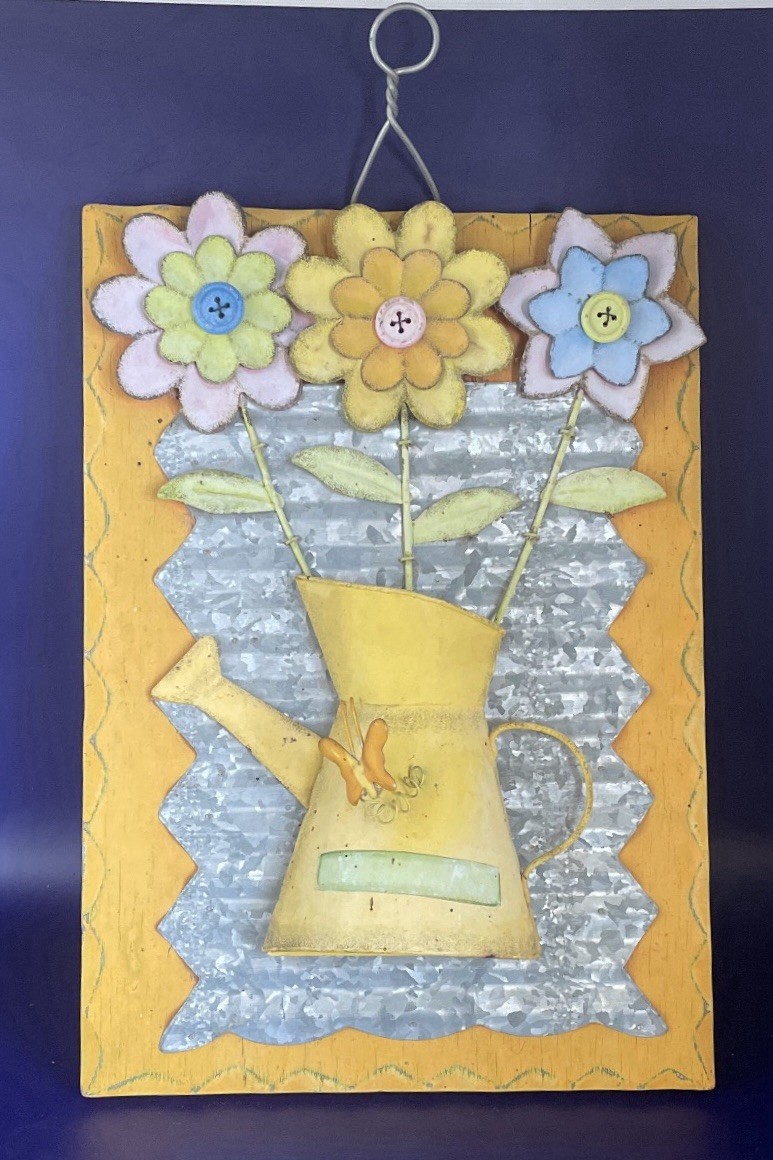 Colorful Tin & Wood Wall Hanging of Flowers and Butterfly Yellow Blue & Pink