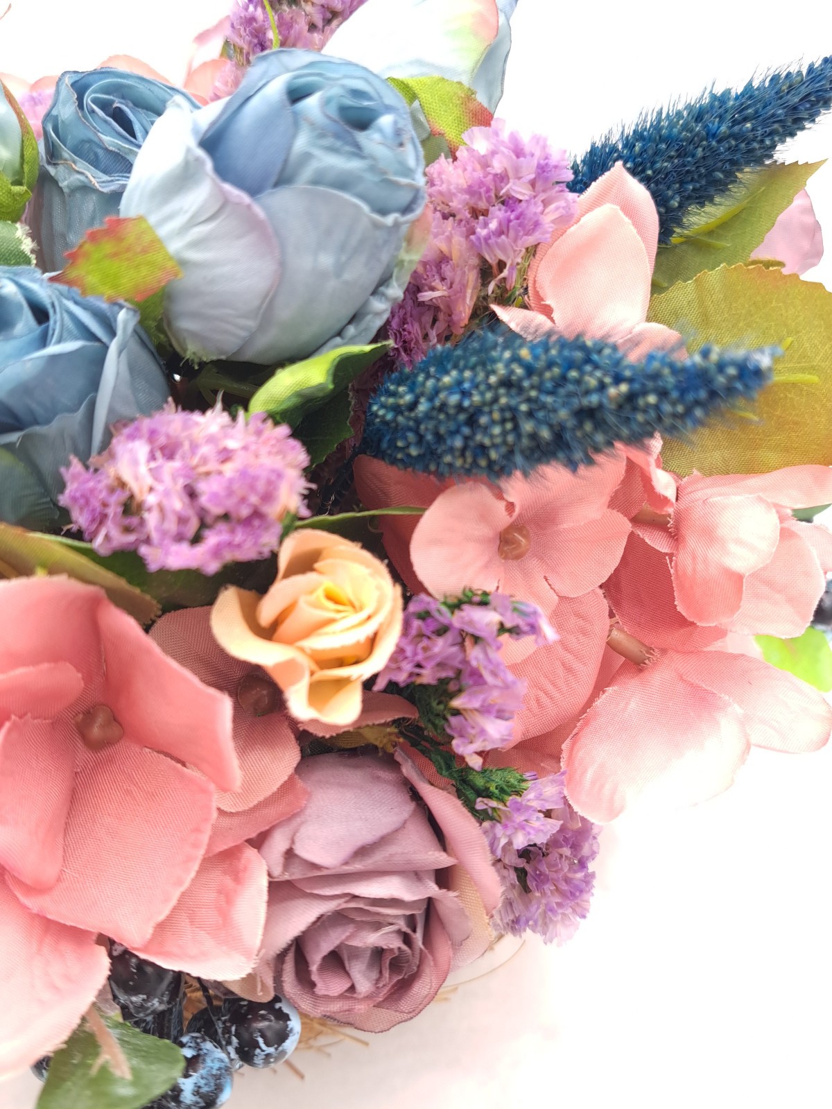 Handmade Blue Rose Blueberry Dried/Silk Flower Arrangement w/ Vintage Basket