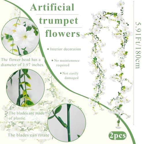 2 Pcs Artificial Vines Outdoors 11.8ft Silk Morning Glory Flowers White Fake Han