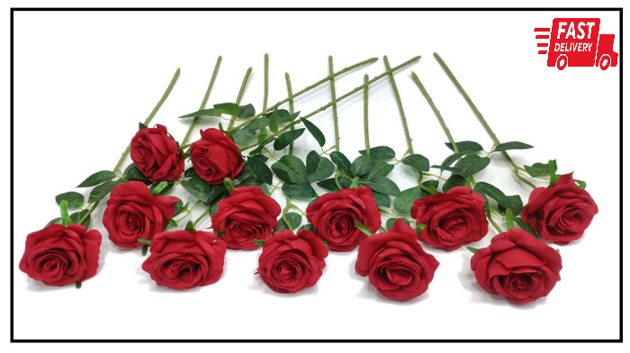 12 Pcs Artificial Red Roses Flowers Long Stem Fake Silk Rose for Home Wendding D