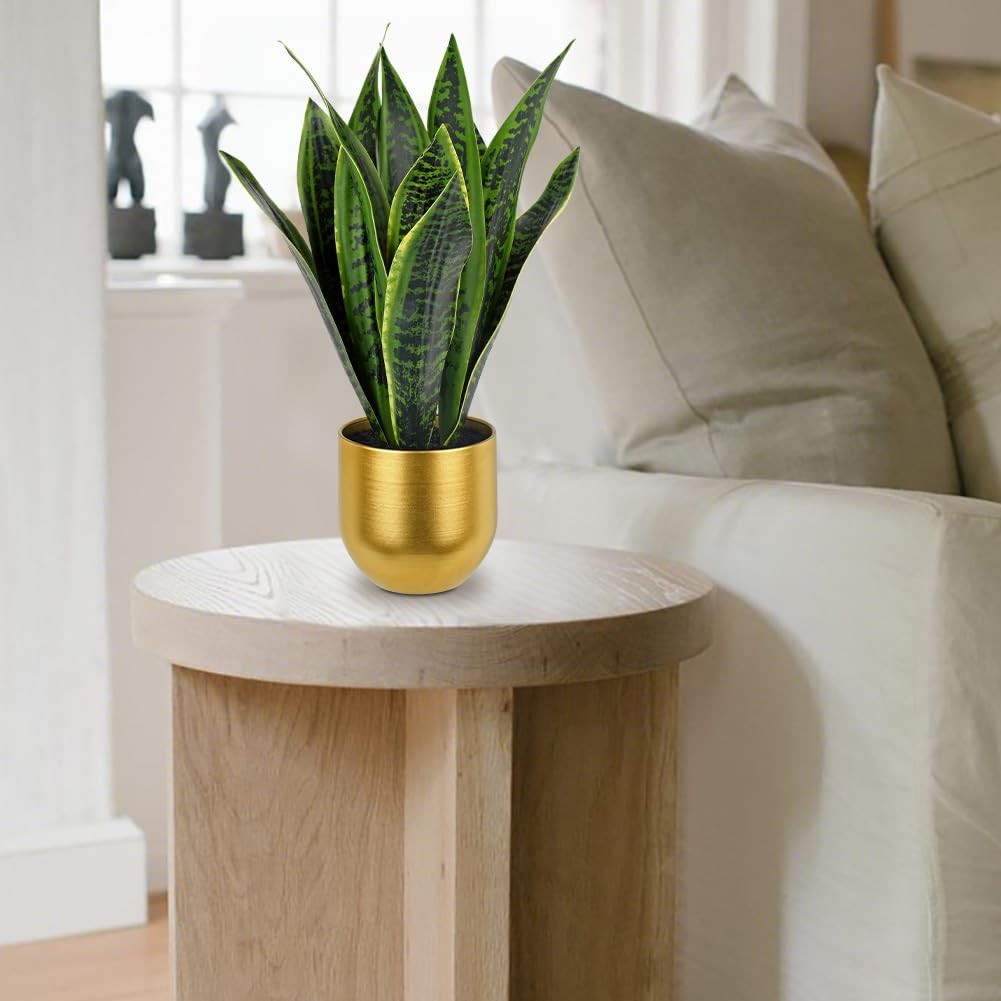 17 Inch Artificial Snake Plant In Gold Pot Faux Tropical Sansevieria Silk