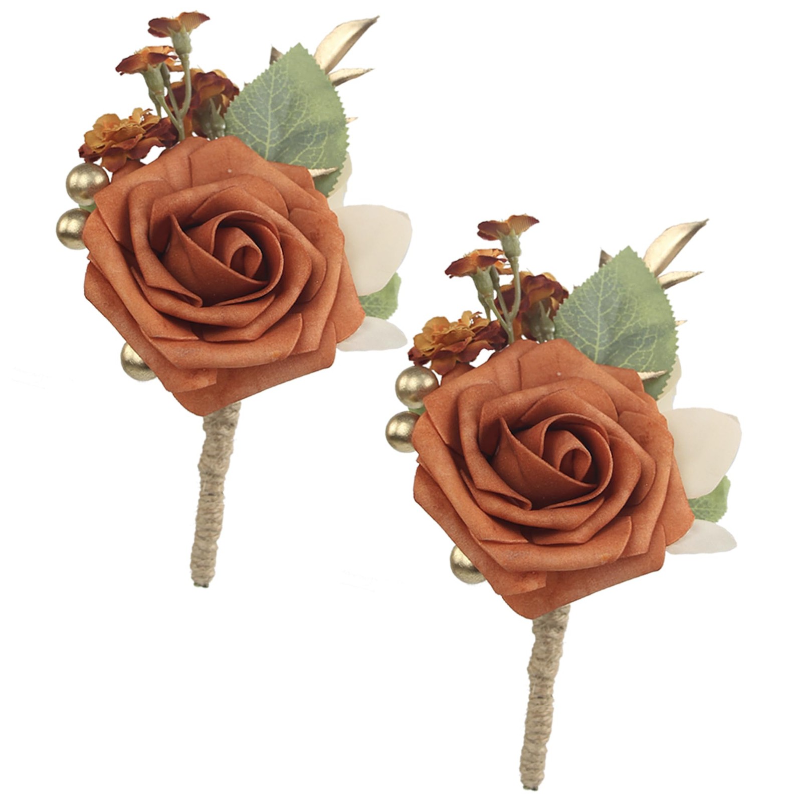2 PCS Terracotta Boutonniere Groom Groomsmen Burnt Orange Artificial Flower