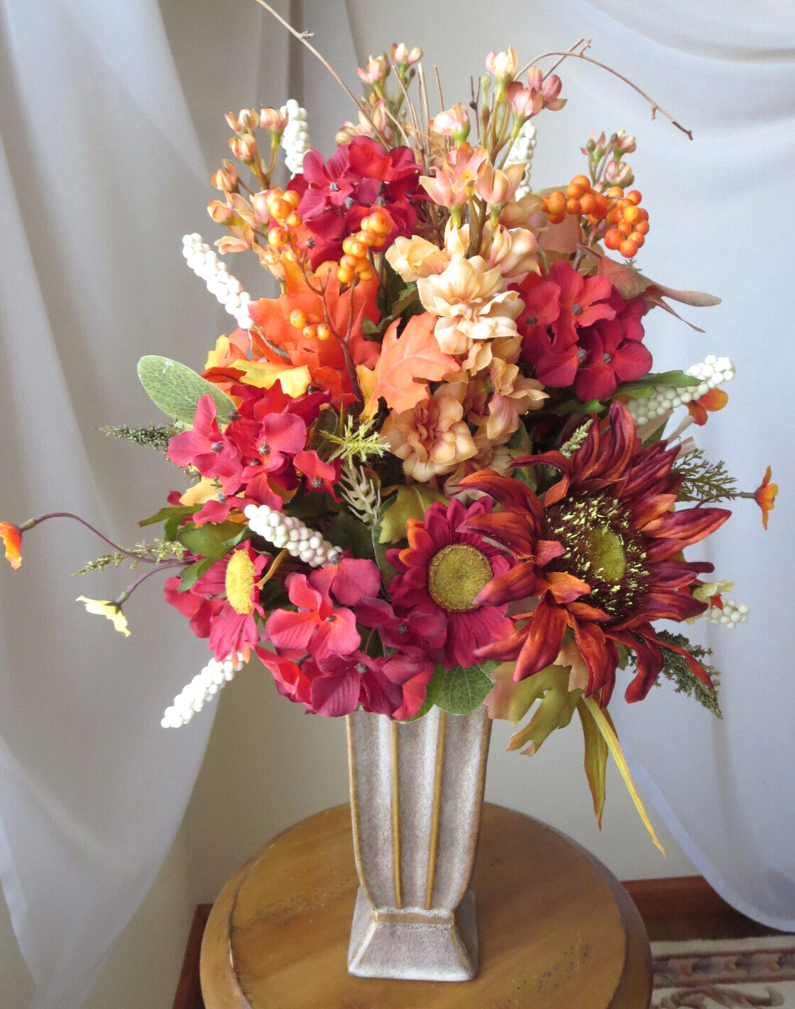 FLORAL FALL ARRANGEMENT IN VASE ARTIFICIAL SILK/PLASTIC FLOWERS 21″x13″ NEW