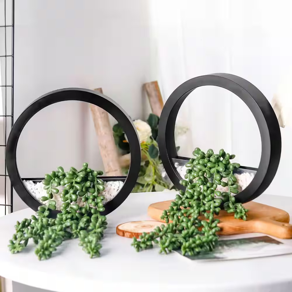 15.3 In. Green Fake Plants Hanging Artificial Succulents Plants in Black Pots, 2
