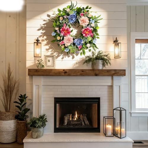 24 Inch Spring Wreaths for Front Door, Artificial Front Door Wreath Hydrangea