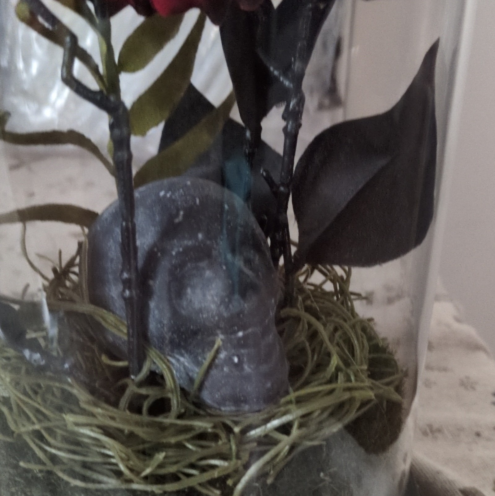 Handmade Artificial Rose Arrangement with Skull in Glass Dome Halloween Decor