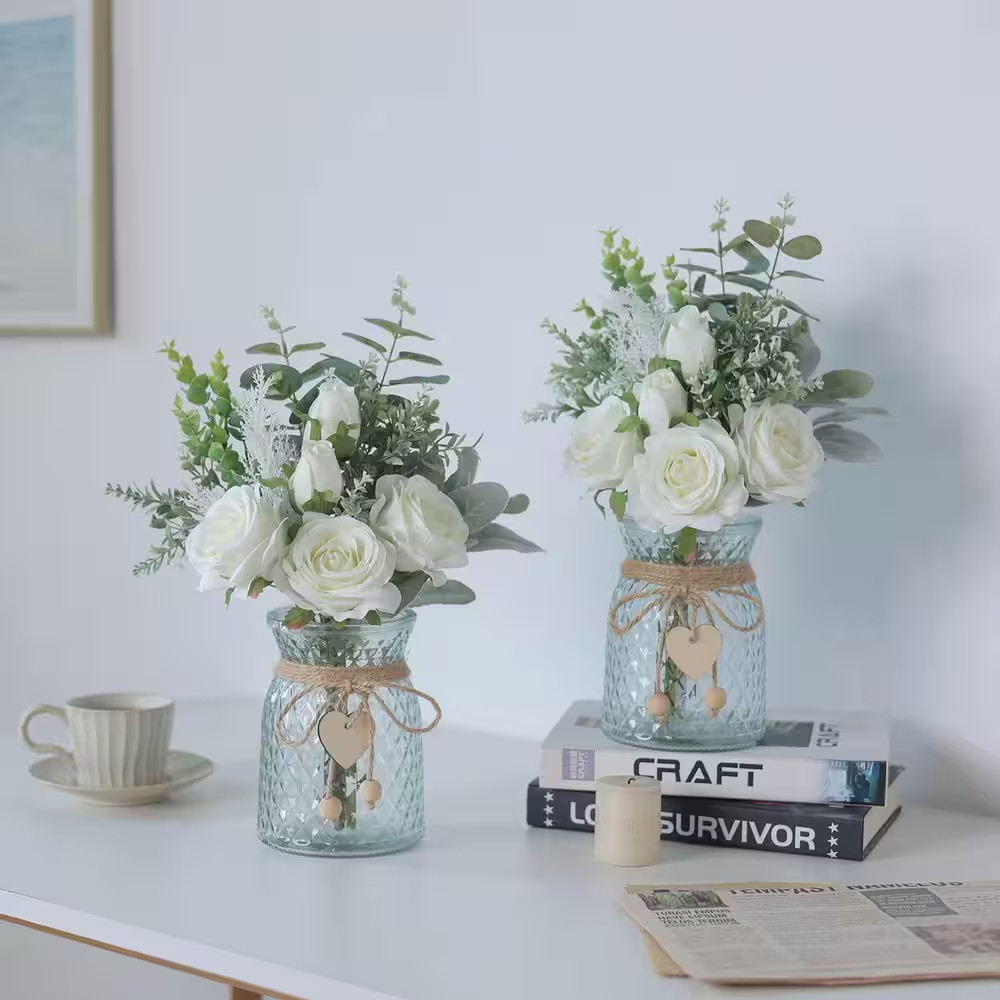 Faux Flowers with Vase 14.5 In. White Artificial Silk Roses Eucalyptus Flower Ar