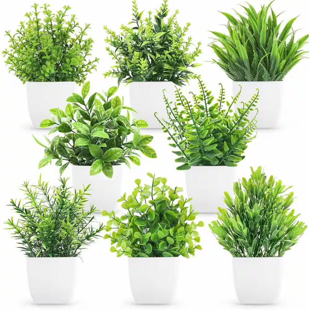 Small Artificial Faux Potted Plants, Green 8-Pack