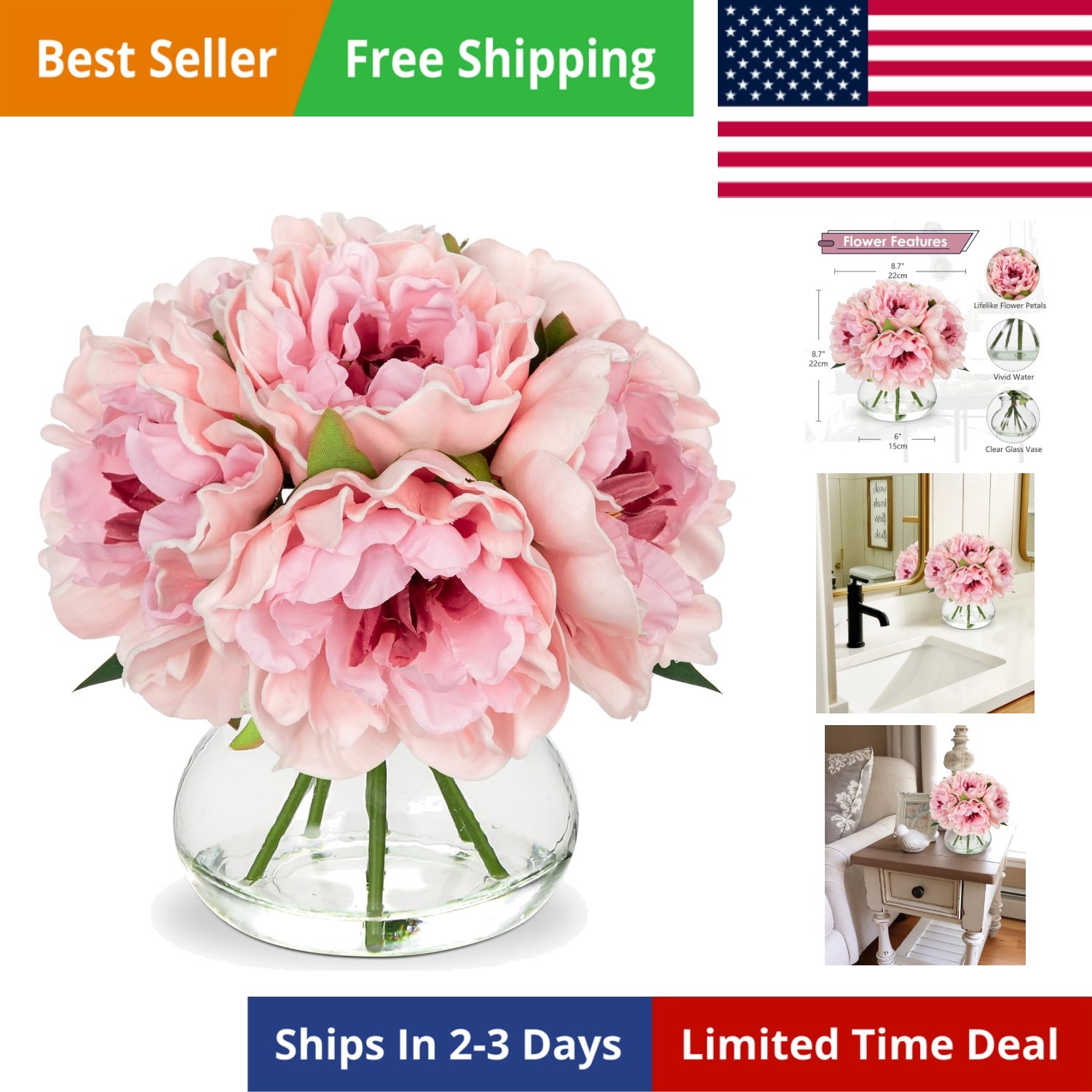Light Pink Peonies Artificial Flowers with Vase Faux Flowers Peony Fake Flowe…