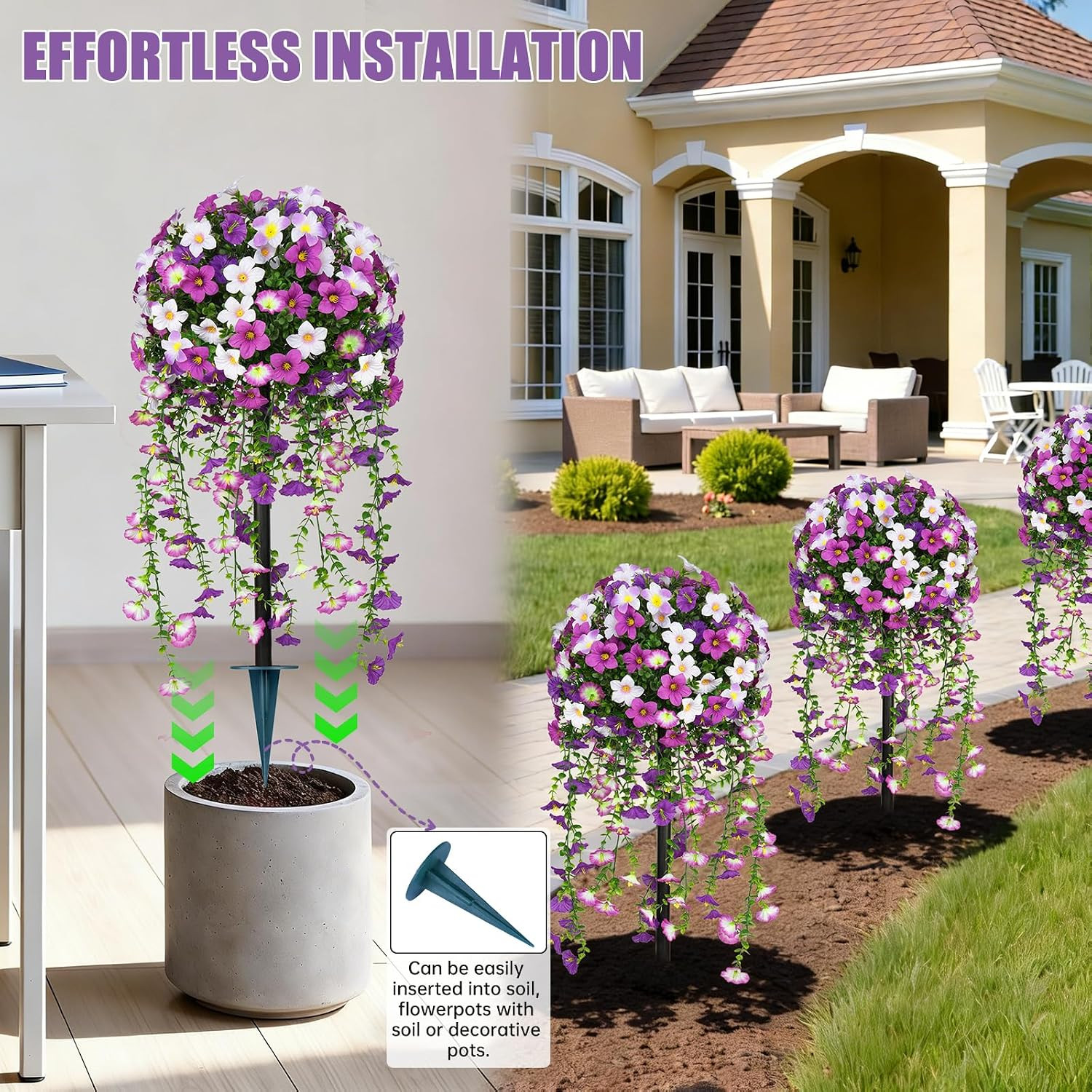 3FT Purple Morning Glory Topiary Ball Trees – Set of 2 UV Resistant Faux Plants