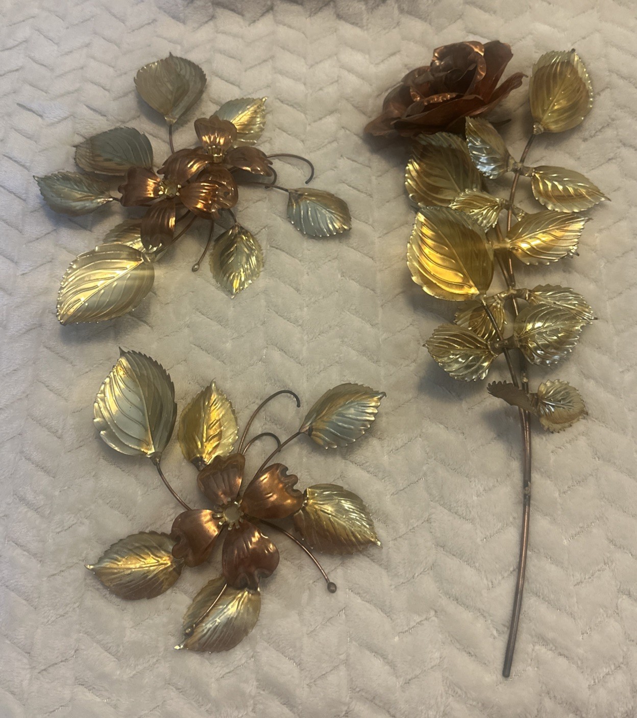 3 Gold Tone Brass & Copper Flower Roses Leaf Metal Wall Hanging Decor Set