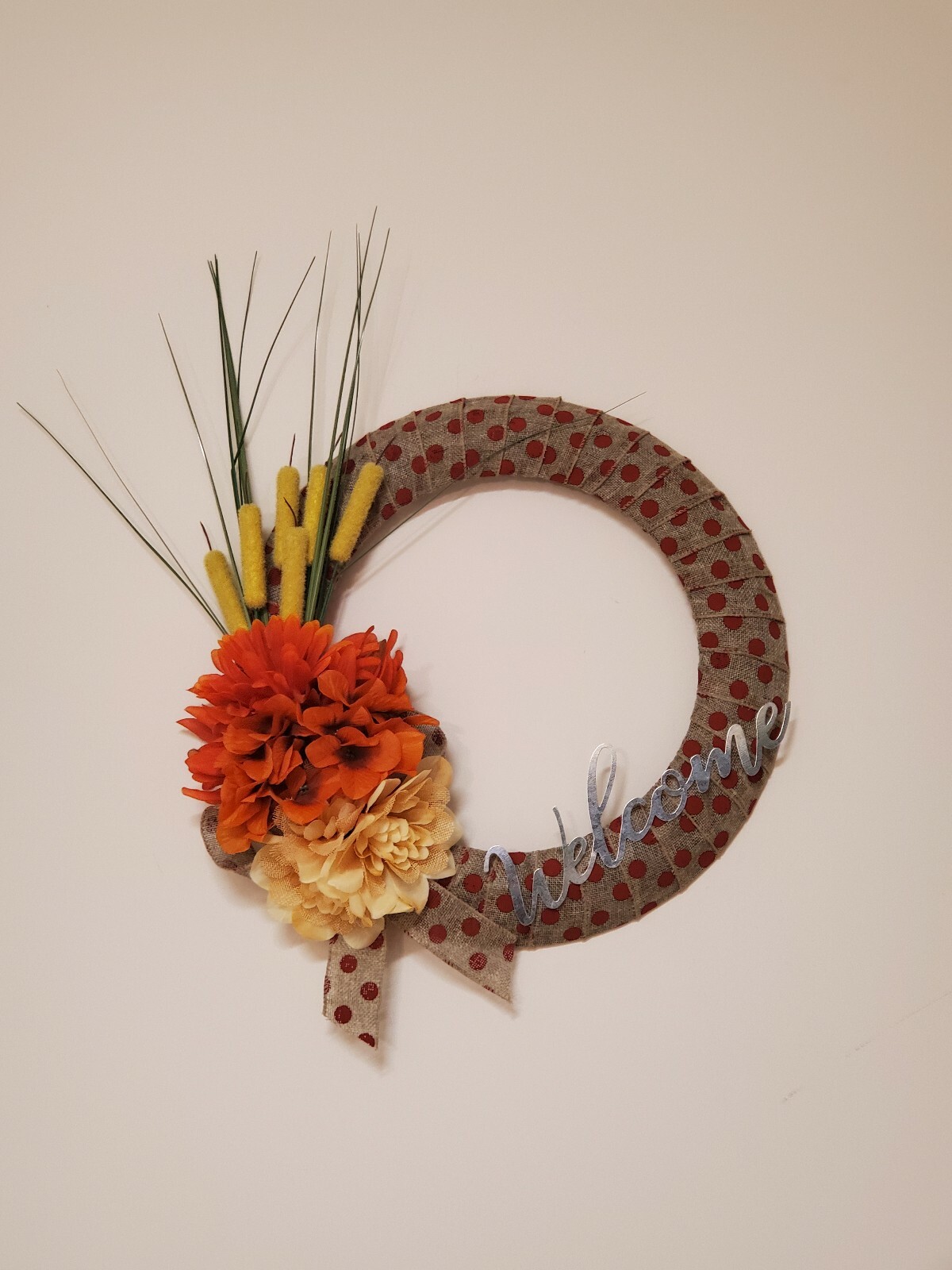 WELCOME wreath FLOWER Hydrangeas Foxtail burlap FALL autumn Decor Front Door 15