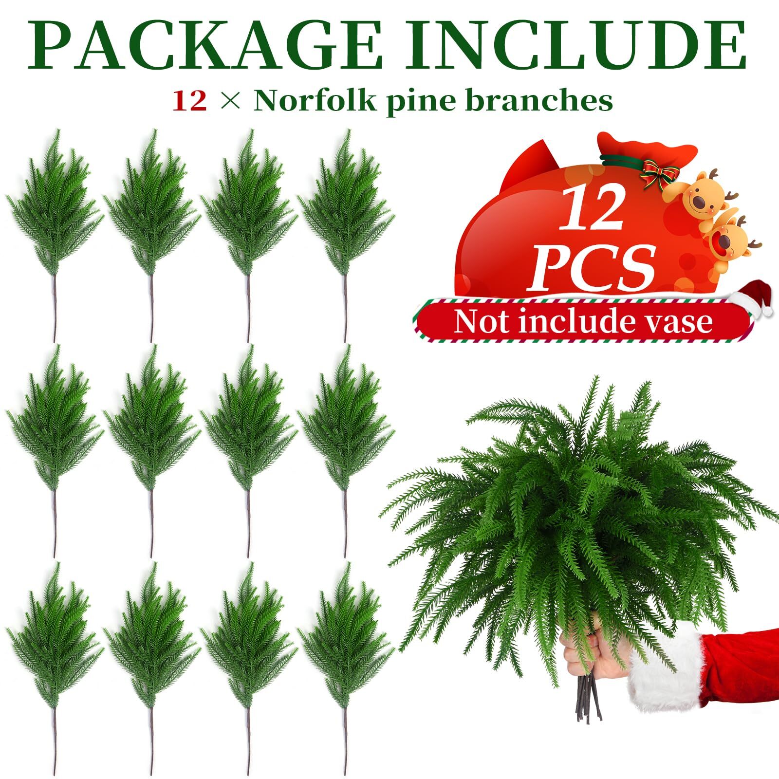 12pcs Christmas Norfolk Pine Stemsreal Touch Artificial Norfolk Pine Branches Fo