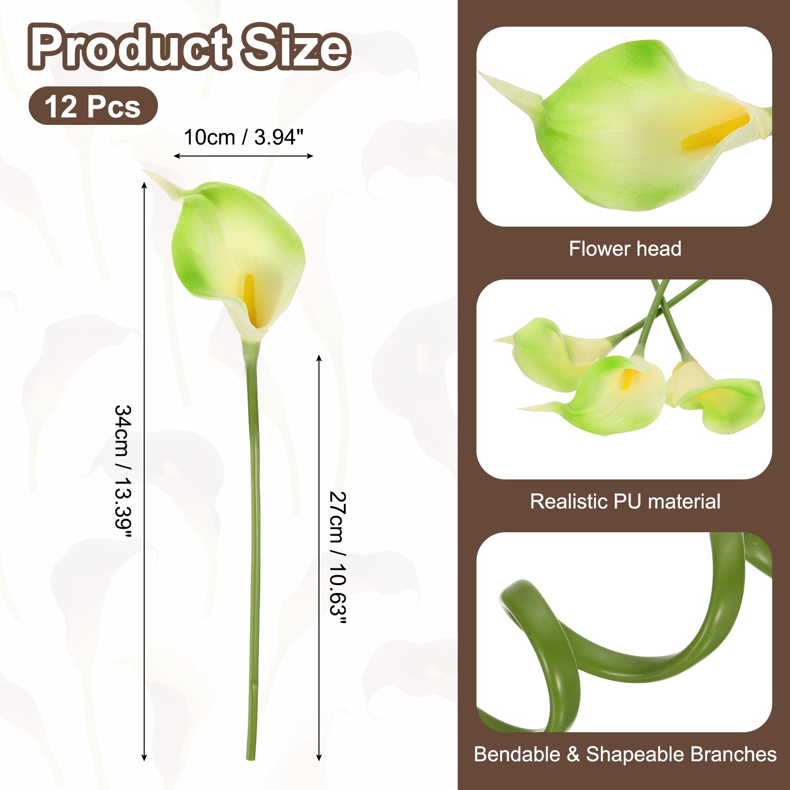 12Pcs 13 Inch Artificial Calla Lily Fake Flowers Real Touch Light Green/Yellow,