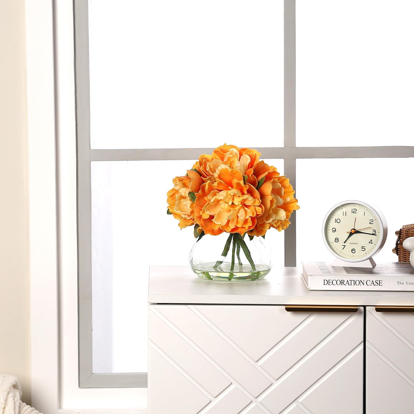 Orange Peony Bouquet in Glass Vase 6 Piece Artificial Flower Arrangement wit…