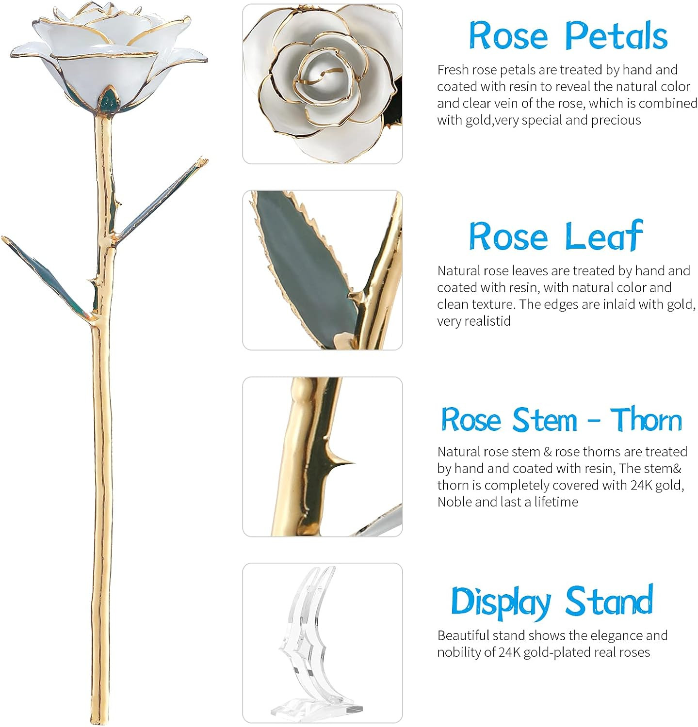 24K Gold Dipped Real Rose Lasted Forever with Stand, White Gold Rose Gifts