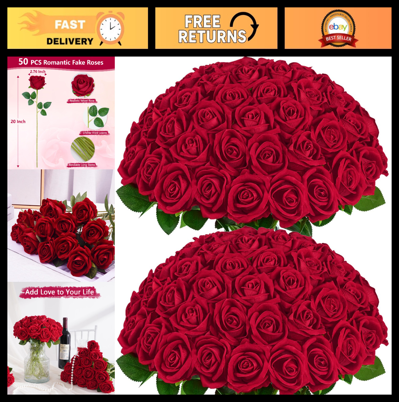 50 Pcs Real Touch Red Velvet Roses – Artificial Flowers with Long Stems for DIY