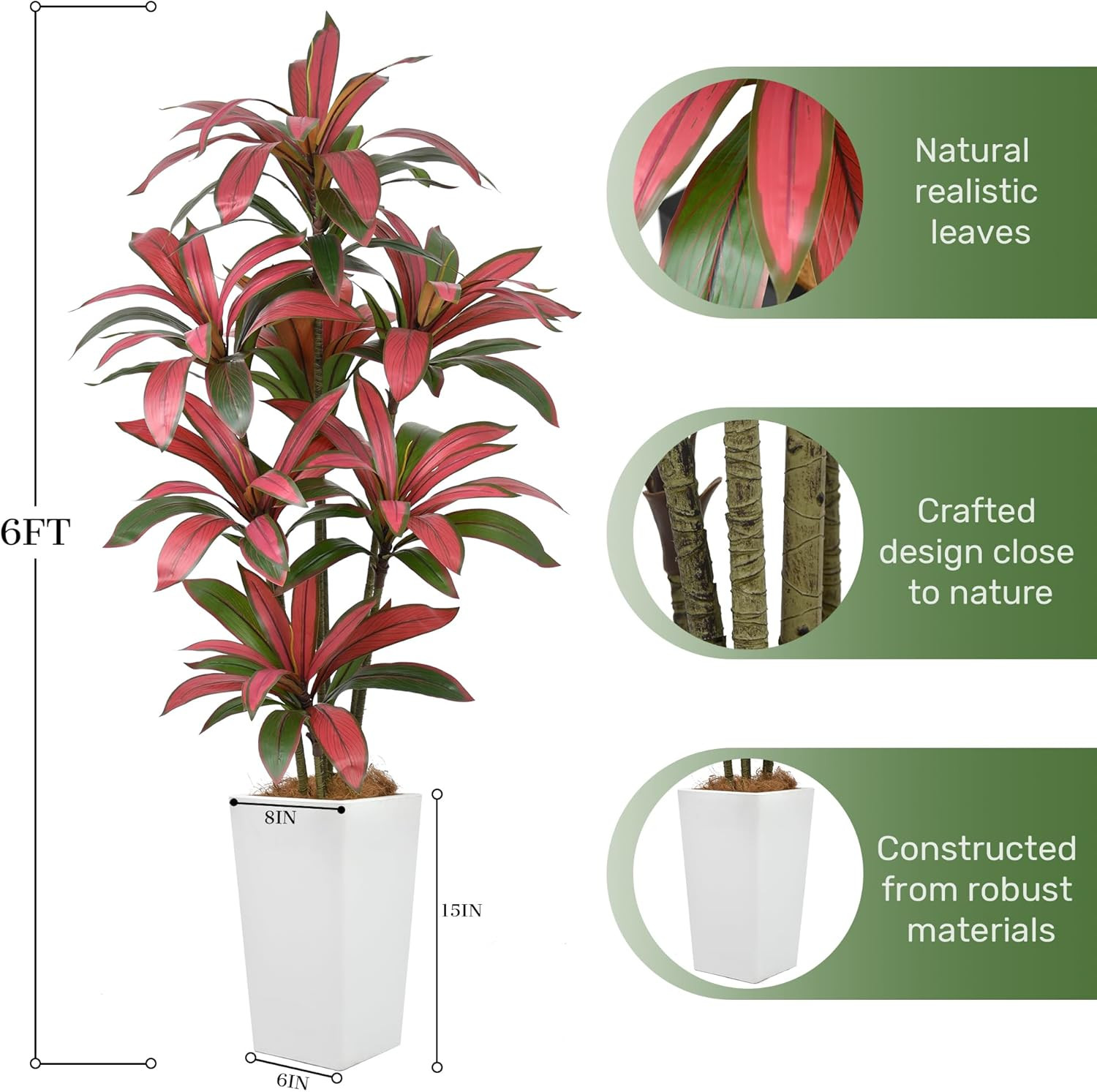 6Ft Artificial Dracaena Tree in White Planter – Faux Silk Indoor/Outdoor Decor