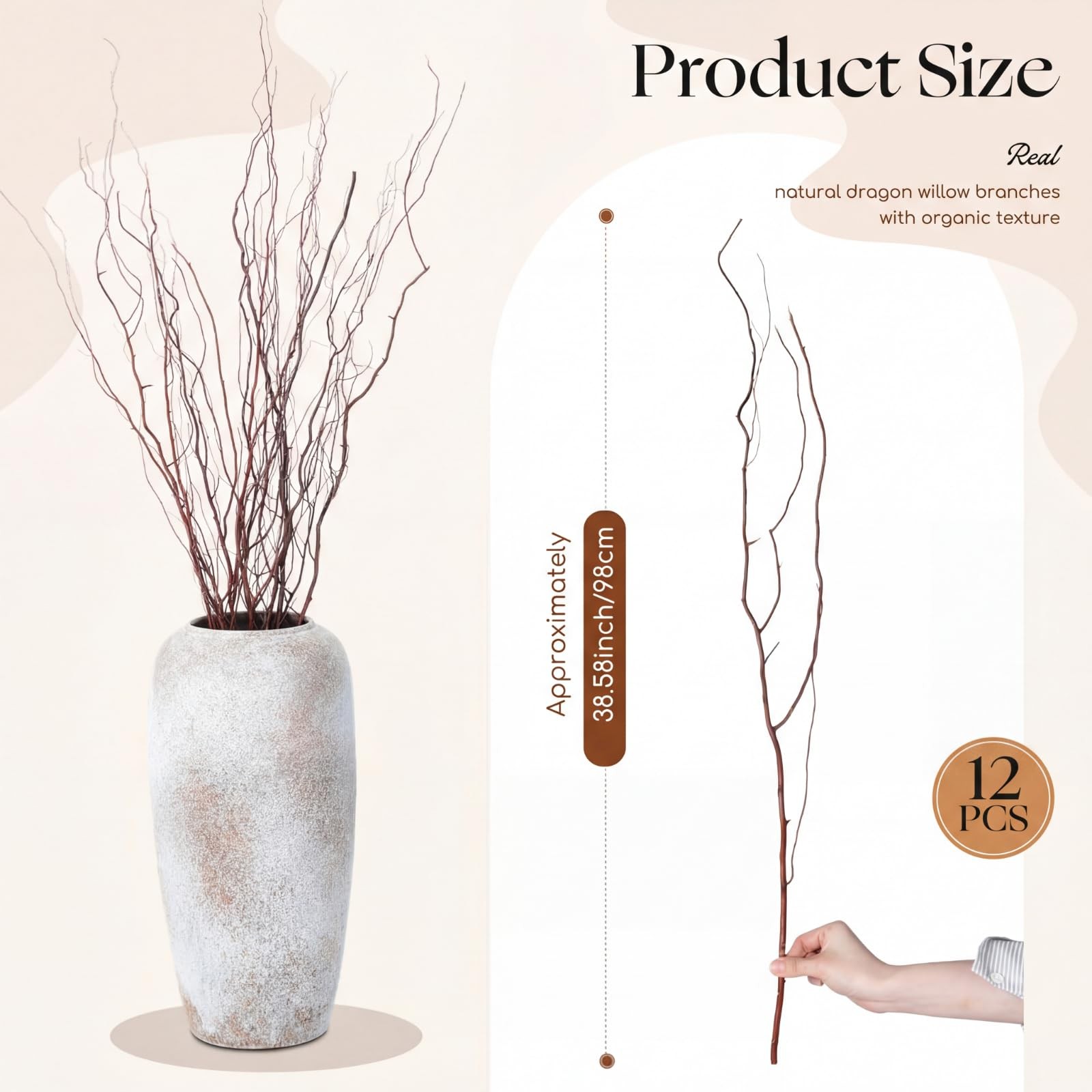 12 PCS 38 Inch Real Natural Dried Curly Willow Twig Branch Tall Floor Vase
