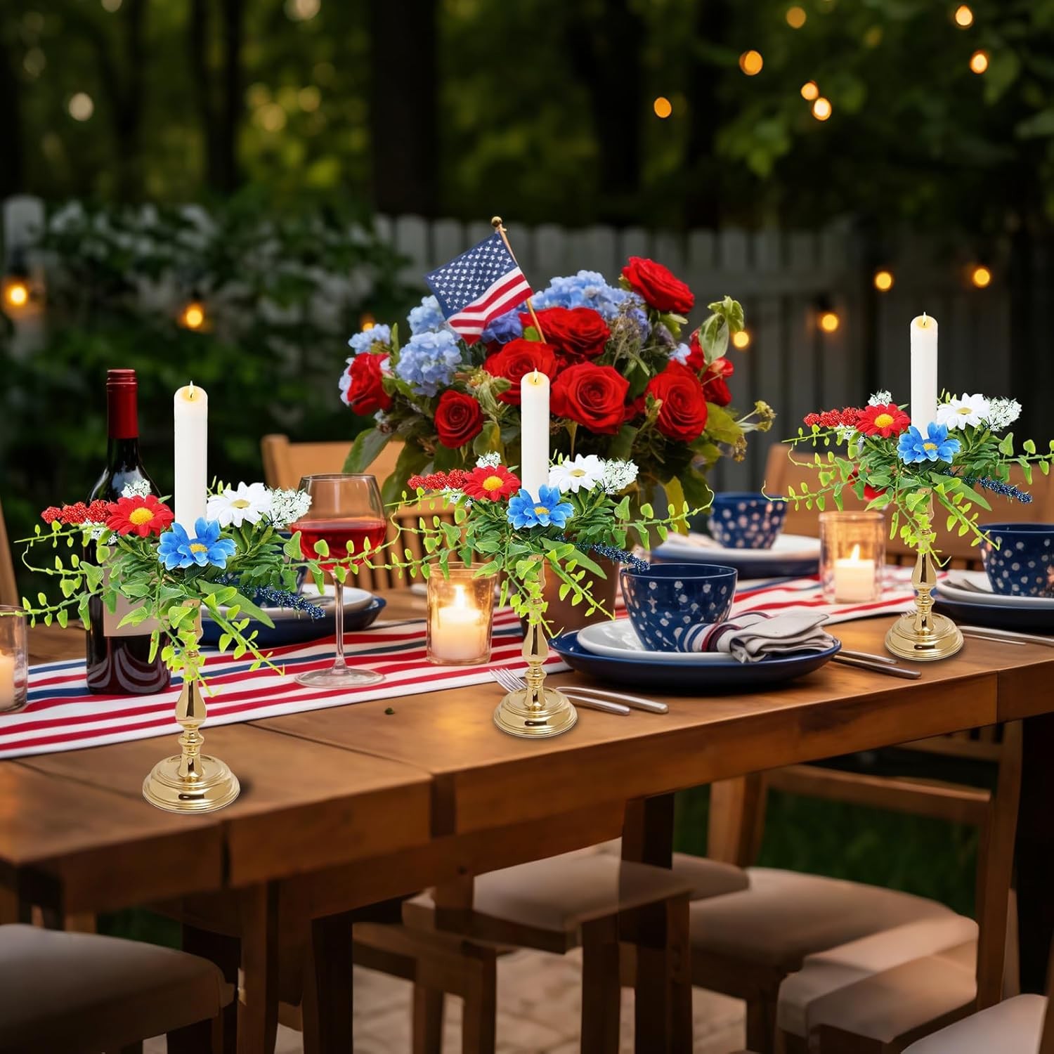 6 PCS Patriotic American Taper Candle Rings Wreaths 4th of July Mini Decor