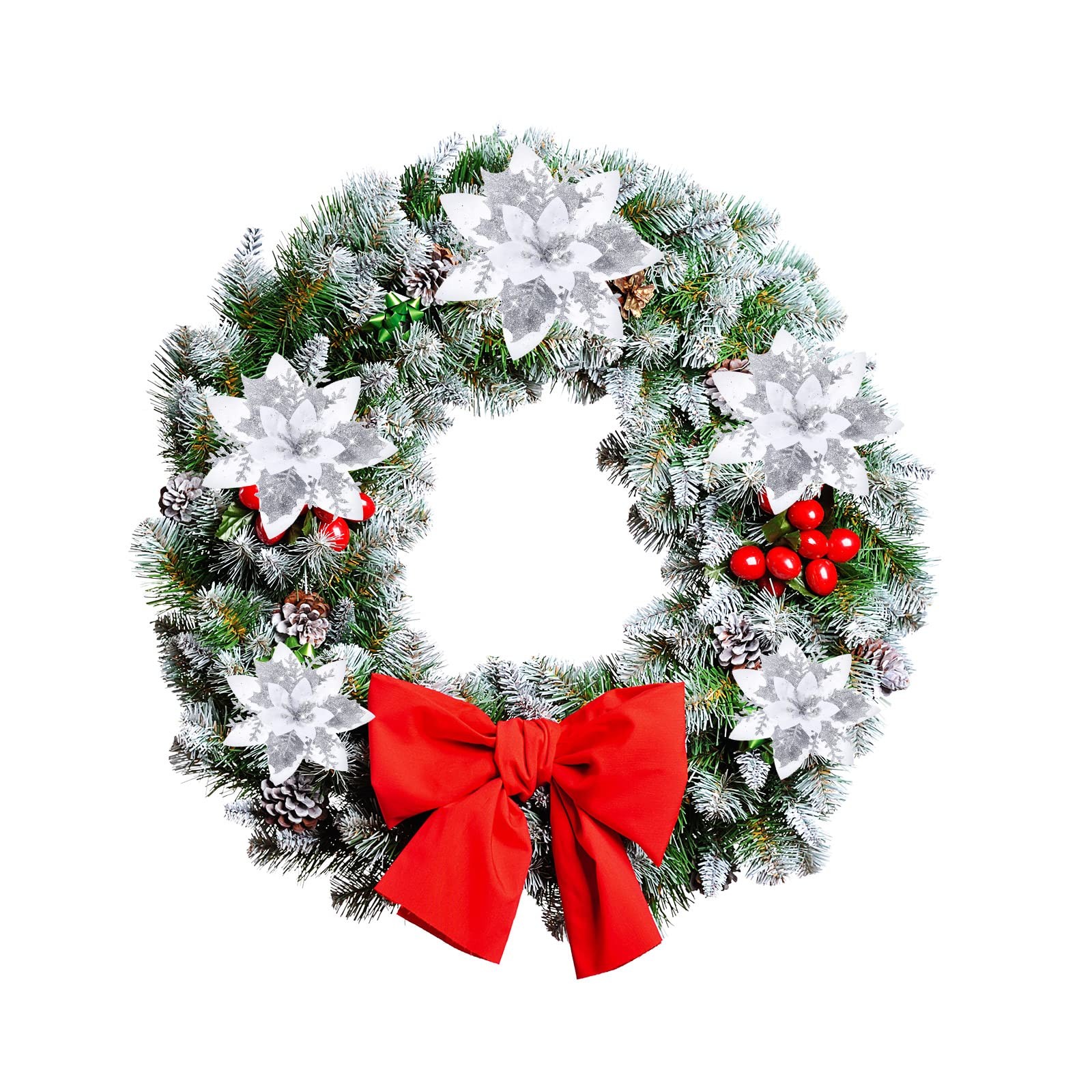 36 PCS Silver White Christmas Glitter Artificial Poinsettia Flowers 3 Sizes