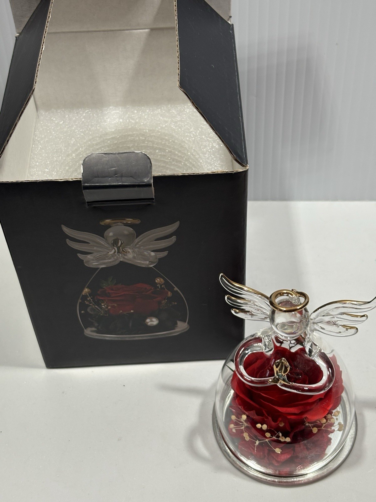 Glass Angel Flower Gifts Preserved Flower Red Rose in Figurines 3” Approx