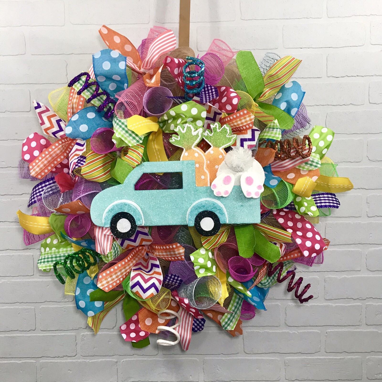Easter, Spring, Bright, Pink, Blue, Yellow, Fun, Whimsical, Deco Mesh Wreath