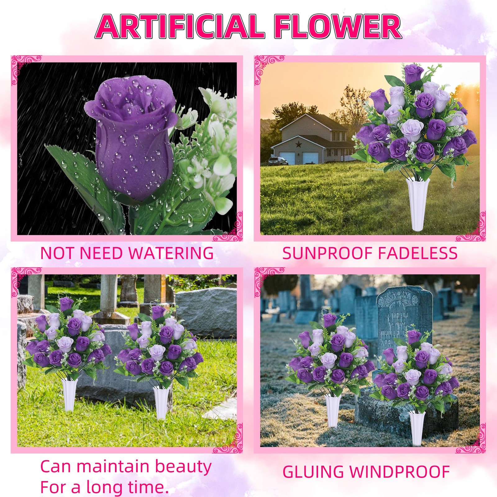 Set of 2 Artificial Cemetery Flowers, Grave Memorial Flowers with Vase, Outdo…