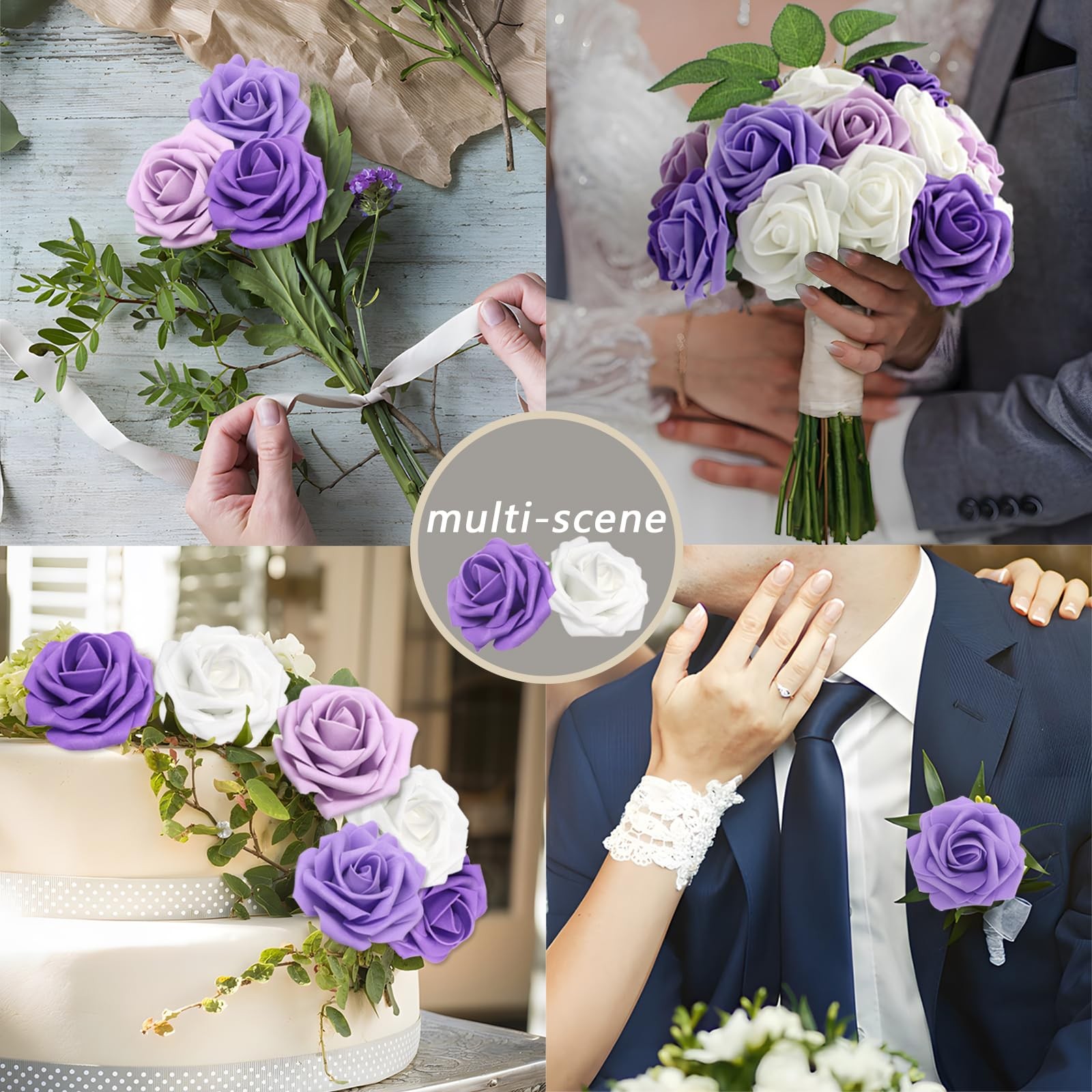 200PCS Artificial Flowers Purple Mixed Series Roses Real Looking Foam Fake Ro…