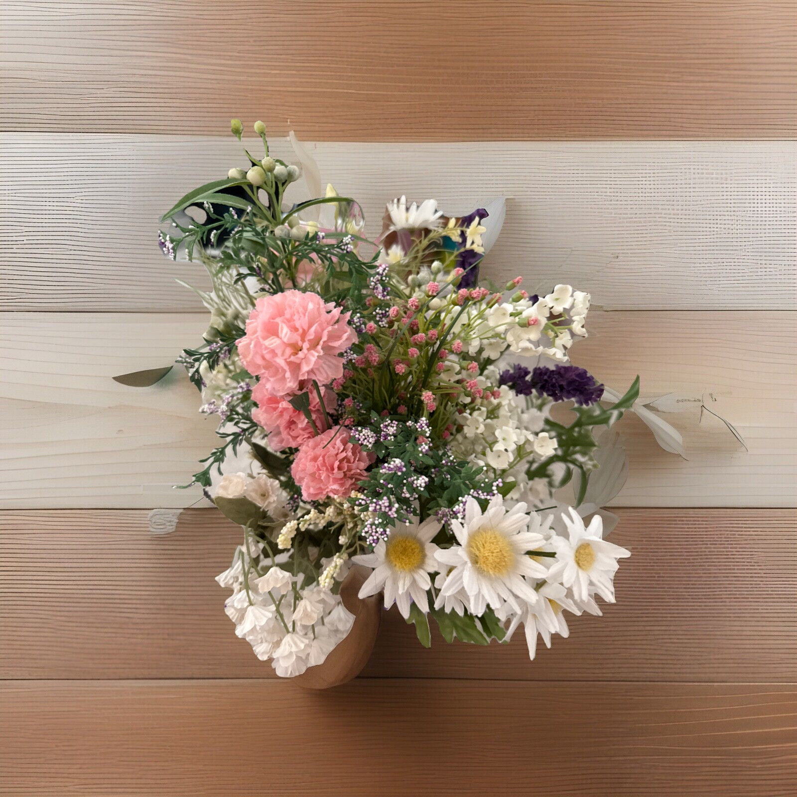 Floral Arrangement Bouquet Flowers Pink Purple White Yellow Green Rustic Wild