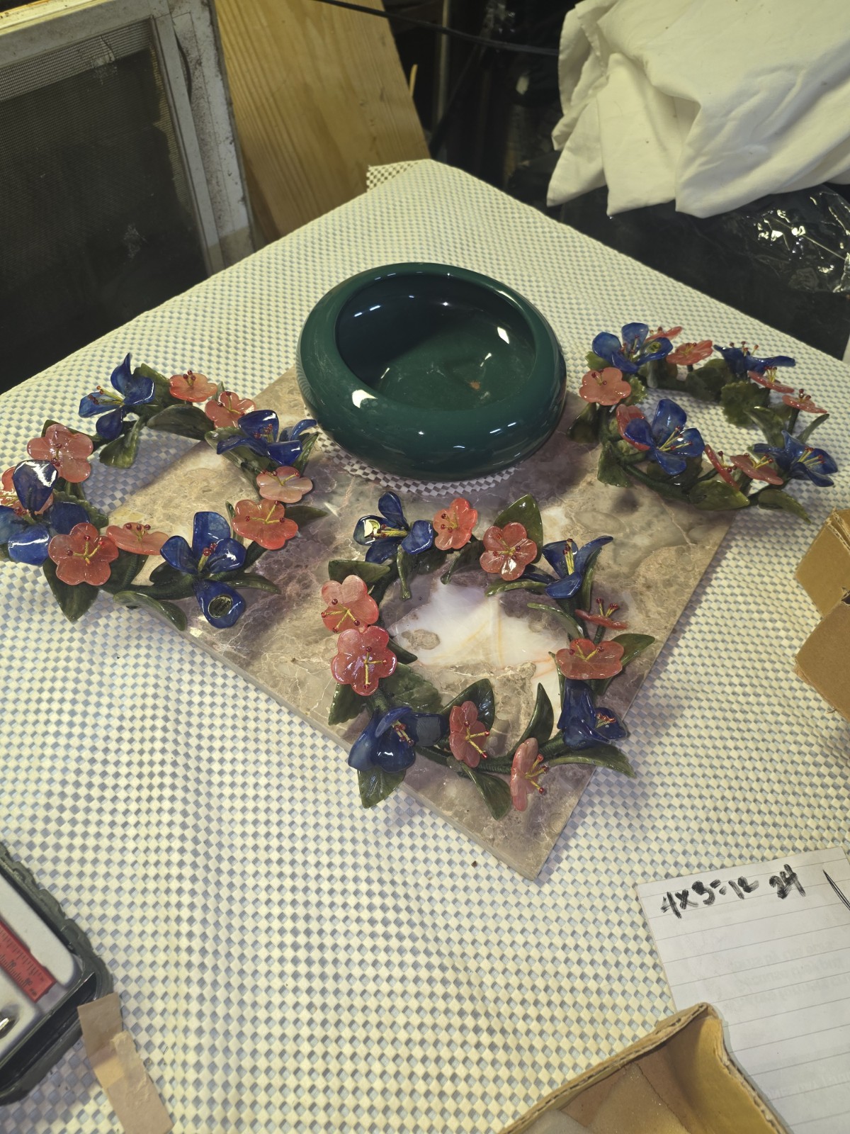 Ceramic Floral Artificial Candle Ring Wreath w/ Blue Pink Flowers Green Leaves