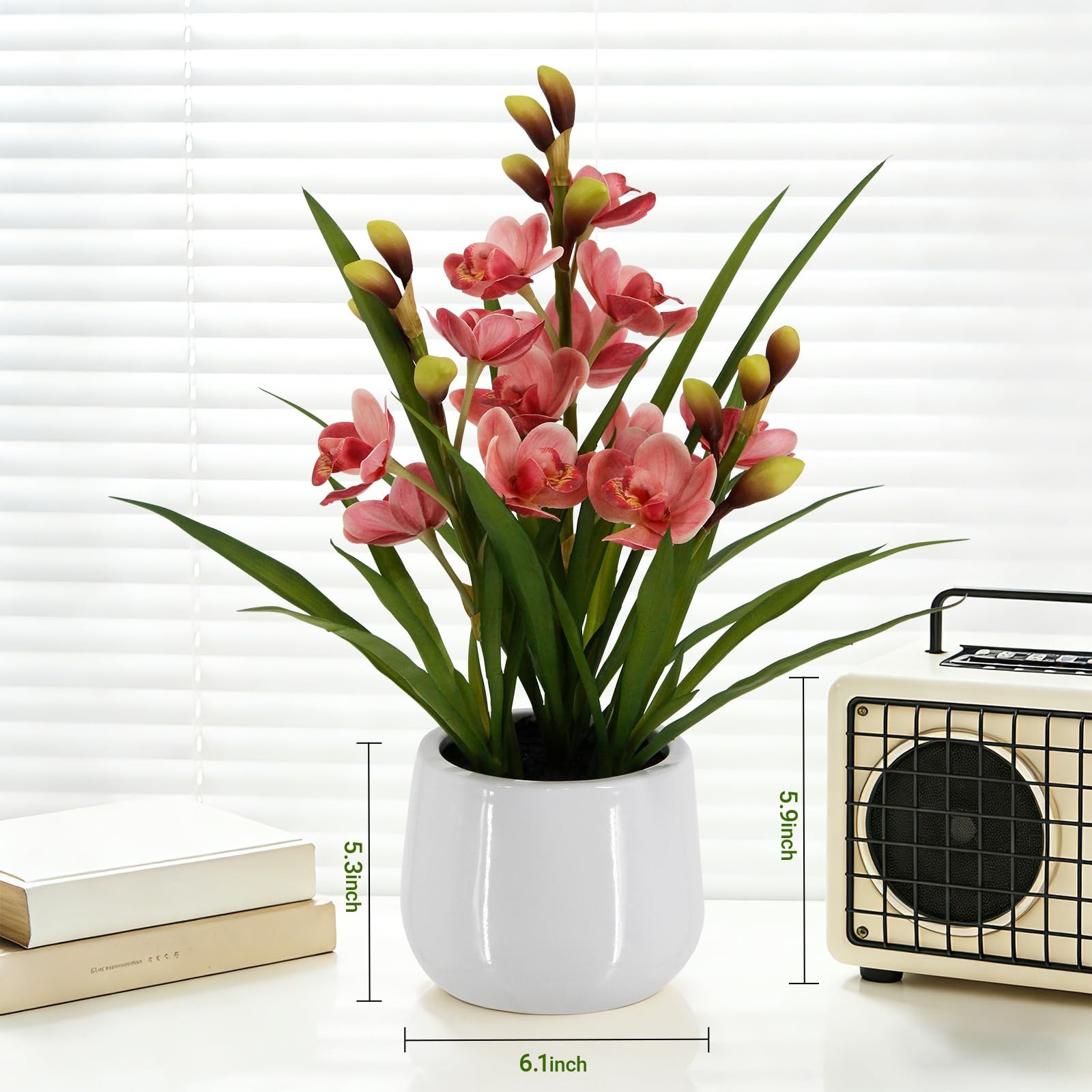 BTHM DSGN Fake Orchid Plant 19″ Tall, Realistic Touch Leaves, Potted Cymbidiu…