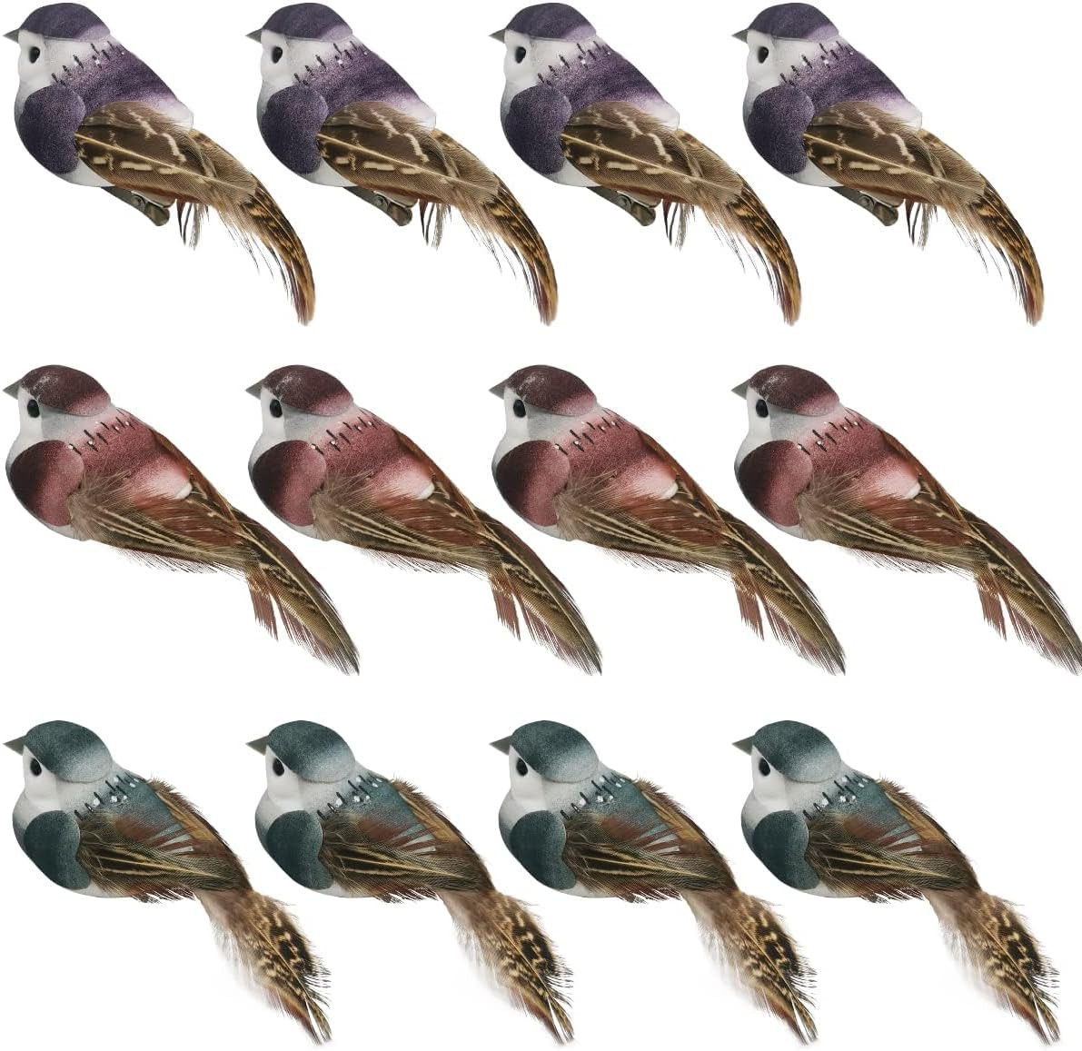 12Pcs Fake Birds Sparrow 3.9-Inch Small Realistic Artificial Feather Birds Clip