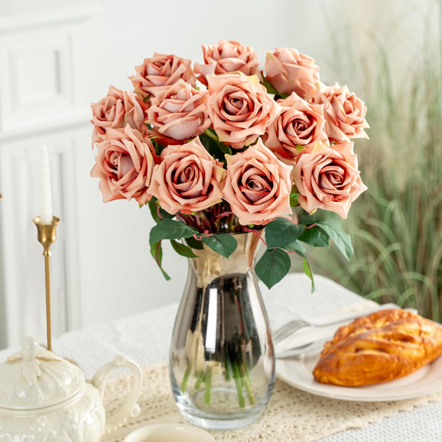 Fake Roses Faux Flowers Silk Roses 16.5In Artificial Roses with Stems Realistic